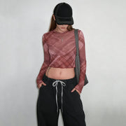 Sheer Plaid Contrast Mesh Long-Sleeve Top