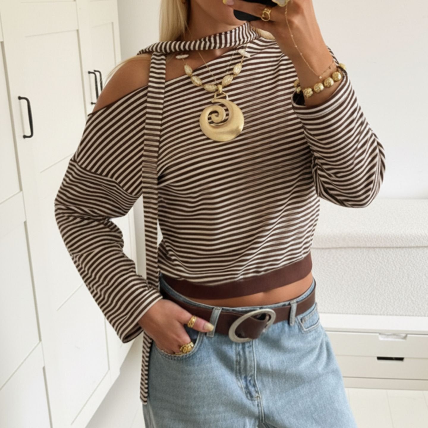 Elegant Striped Long Sleeve T-Shirt with Scarf Detail