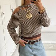 Elegant Striped Long Sleeve T-Shirt with Scarf Detail