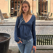 Lace V-Neck Long-Sleeve Chic T-Shirt