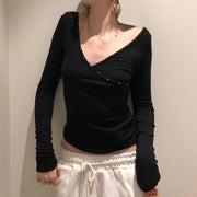 Slim-Fit V-Neck Long Sleeve Ribbed Top