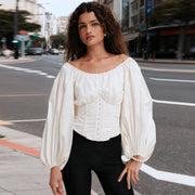 Chic Lace-Up Waist Trimming Puff Sleeve Top