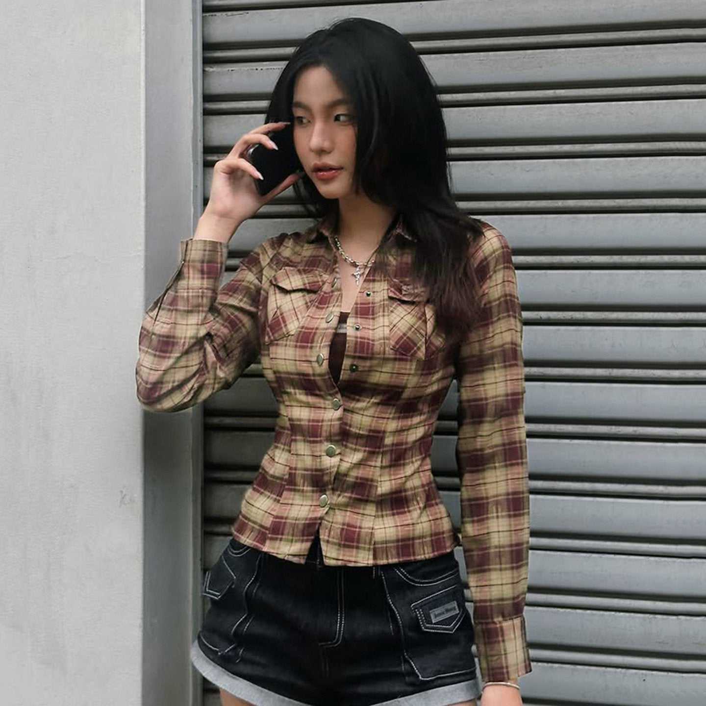 Plaid Color-Block Long Sleeve Drawstring Top