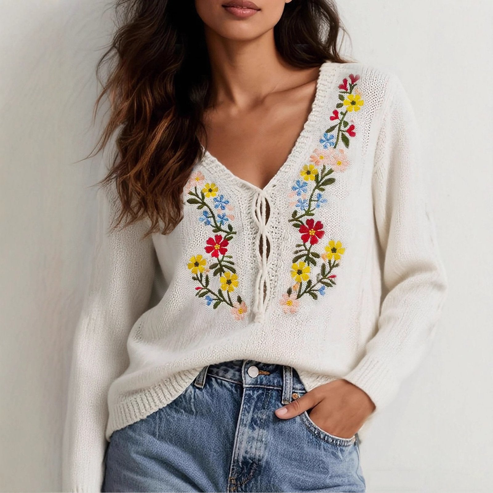 Retro Embroidered Floral Loose Long-Sleeve Top