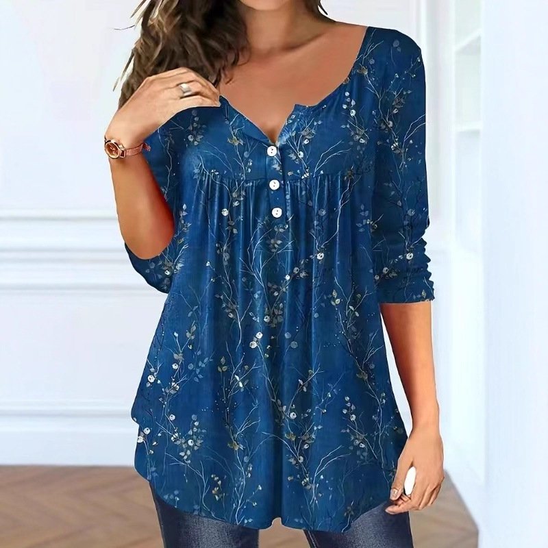 Elegant Floral Plus-Size Loose Button T-Shirt