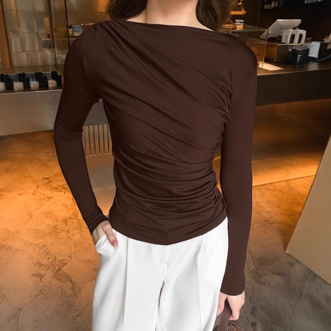 Slim-Fit Brown Long-Sleeve Round Neck Top