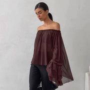 Dark Brown Off-Shoulder Ruffle Chiffon Top