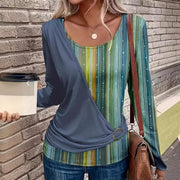 Casual Long Sleeve Striped Print Stitching T-Shirt