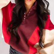 Red Colorblock Oversized Snap Button Hoodie