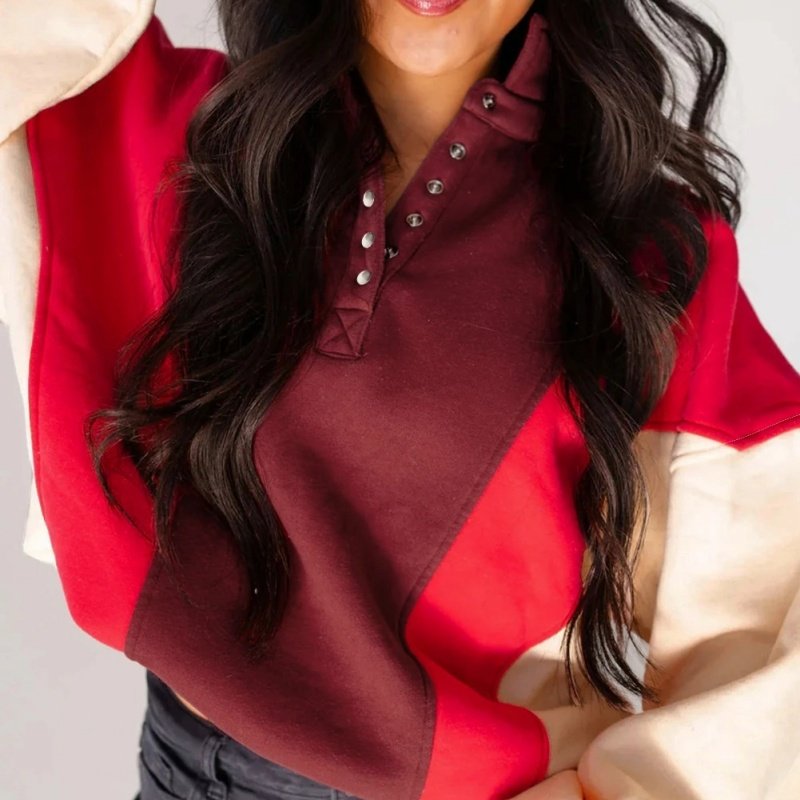 Red Colorblock Oversized Snap Button Hoodie