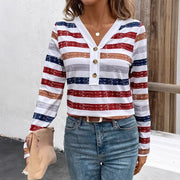 Chic Striped V-Neck Long Sleeve Casual Pullover for Women