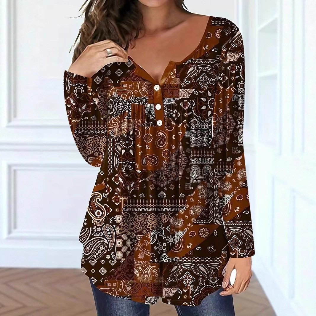 Elegant Paisley V-Neck Loose Women's T-Shirt
