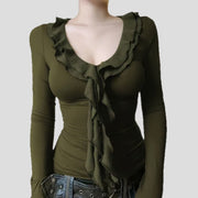 Women's Vintage Ruffled Slim-Fit Long-Sleeve Sweater