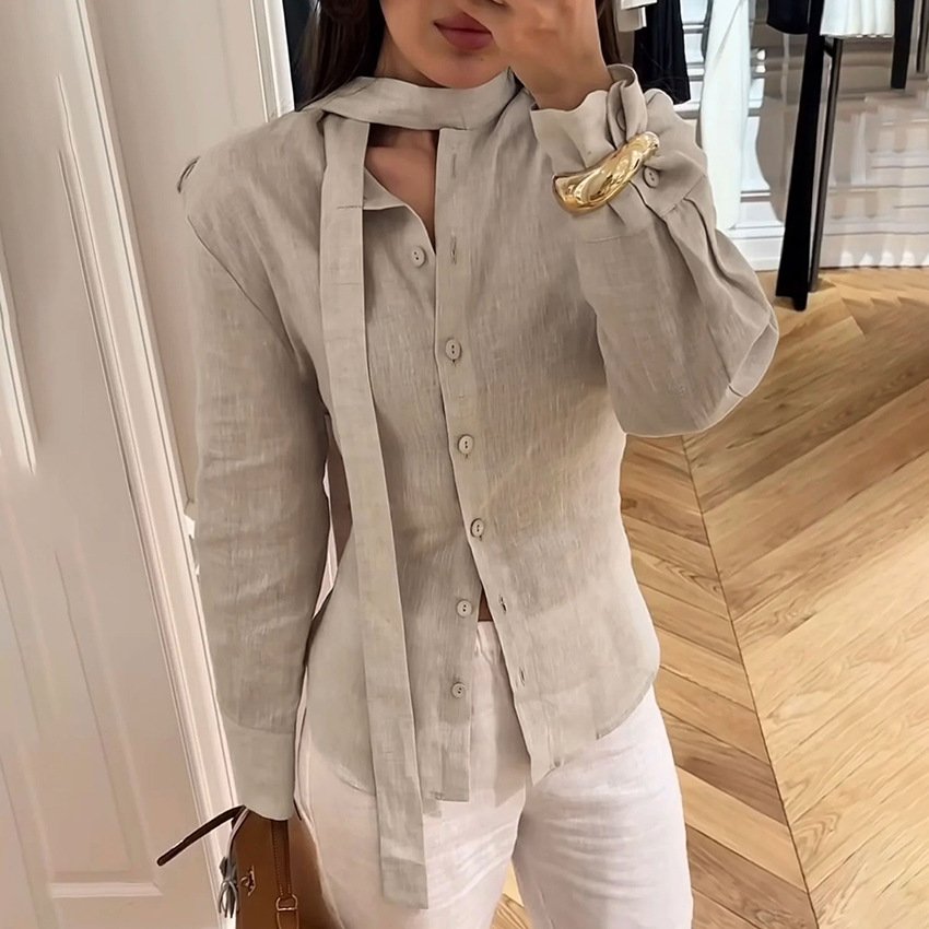 Chic Cotton Linen Lace-Up Waist Shirt for Women
