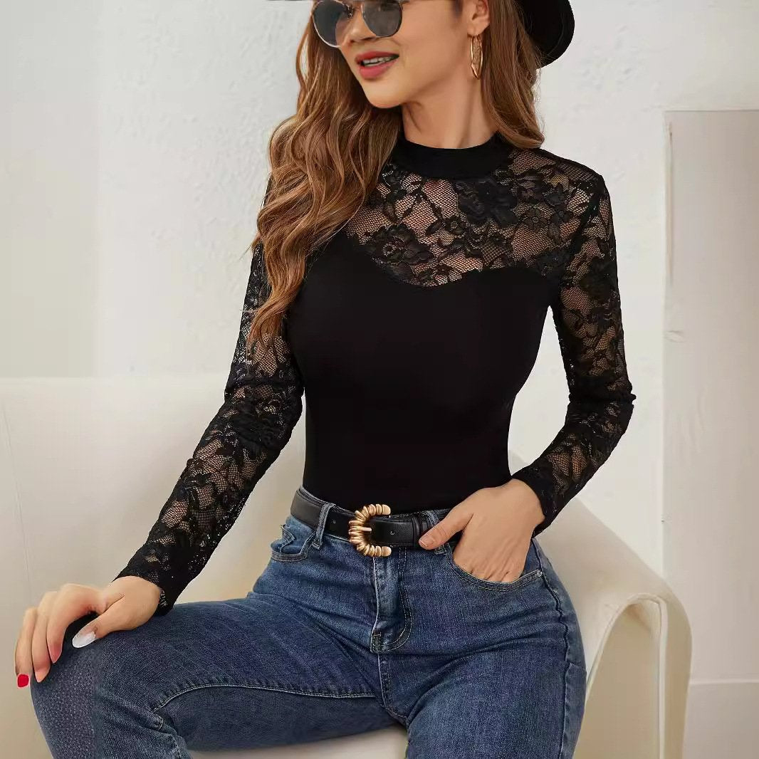 Elegant Lace Stand Collar Long Sleeve Tee