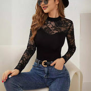 Elegant Lace Stand Collar Long Sleeve Tee