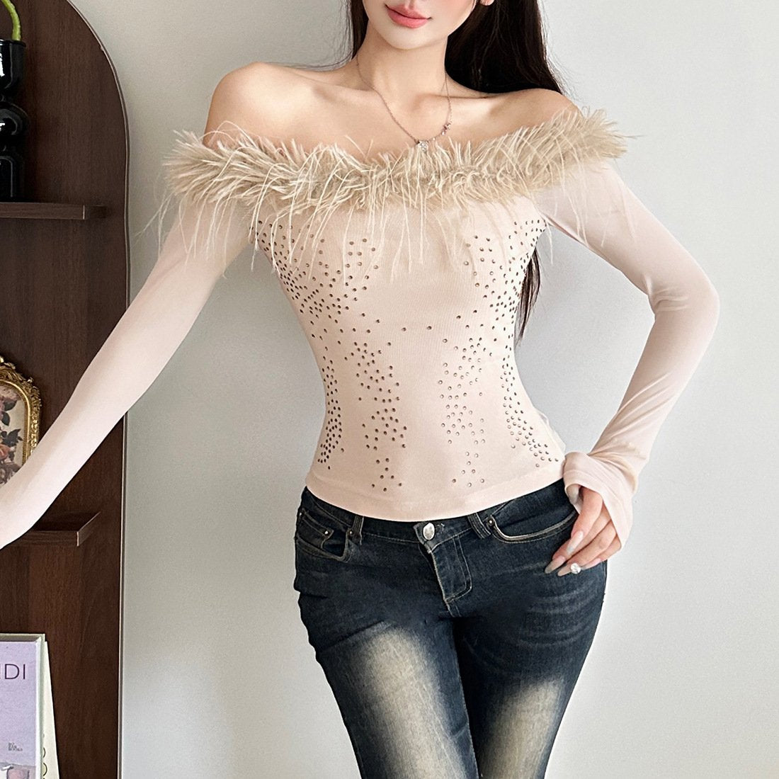 Chic Off-Shoulder Stitching Long Sleeve Top