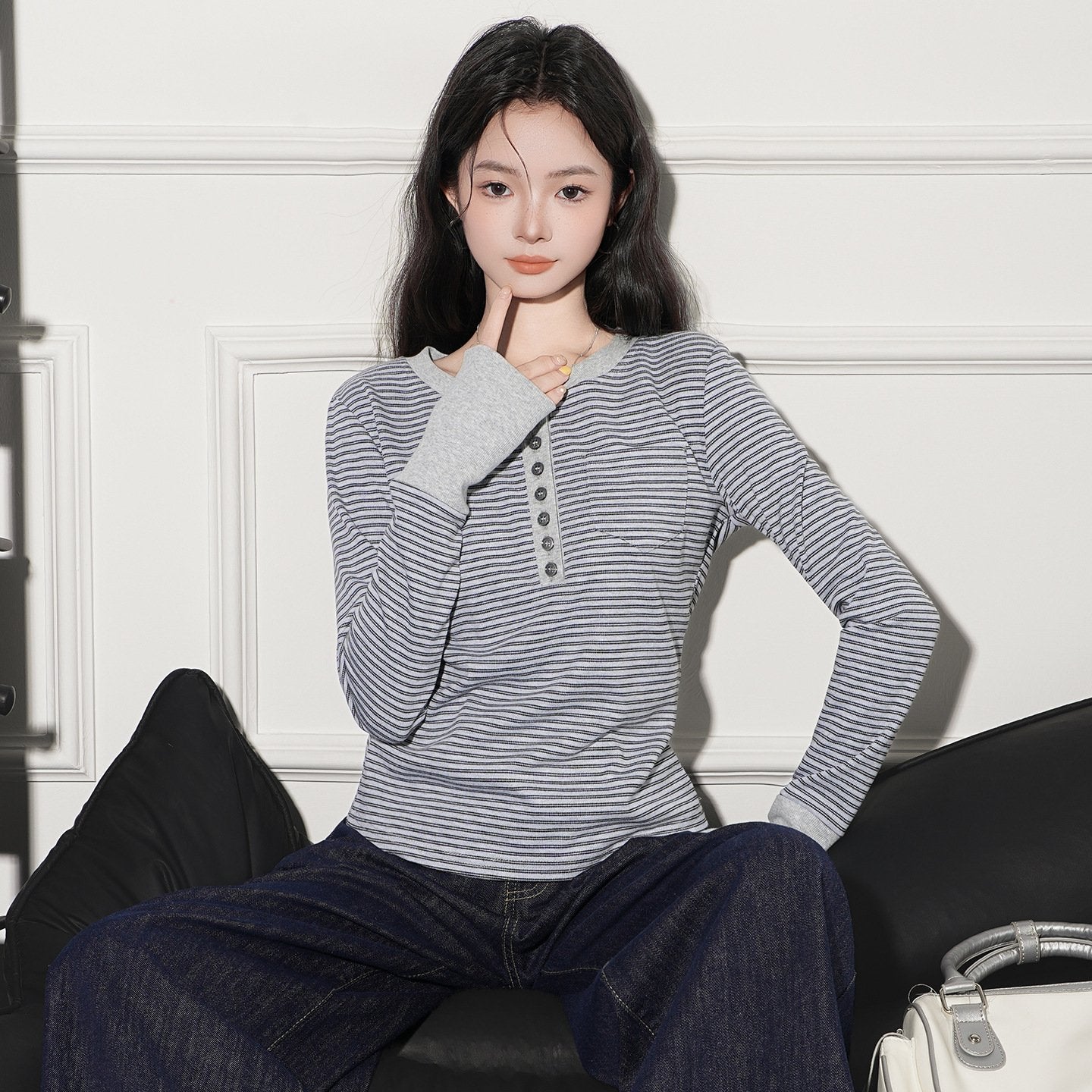 Women's Striped Half-Zip Long-Sleeve Slim Tee