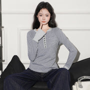 Women's Striped Half-Zip Long-Sleeve Slim Tee