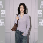 Women's Slim Fit Lapel Knitted Long-Sleeve Top