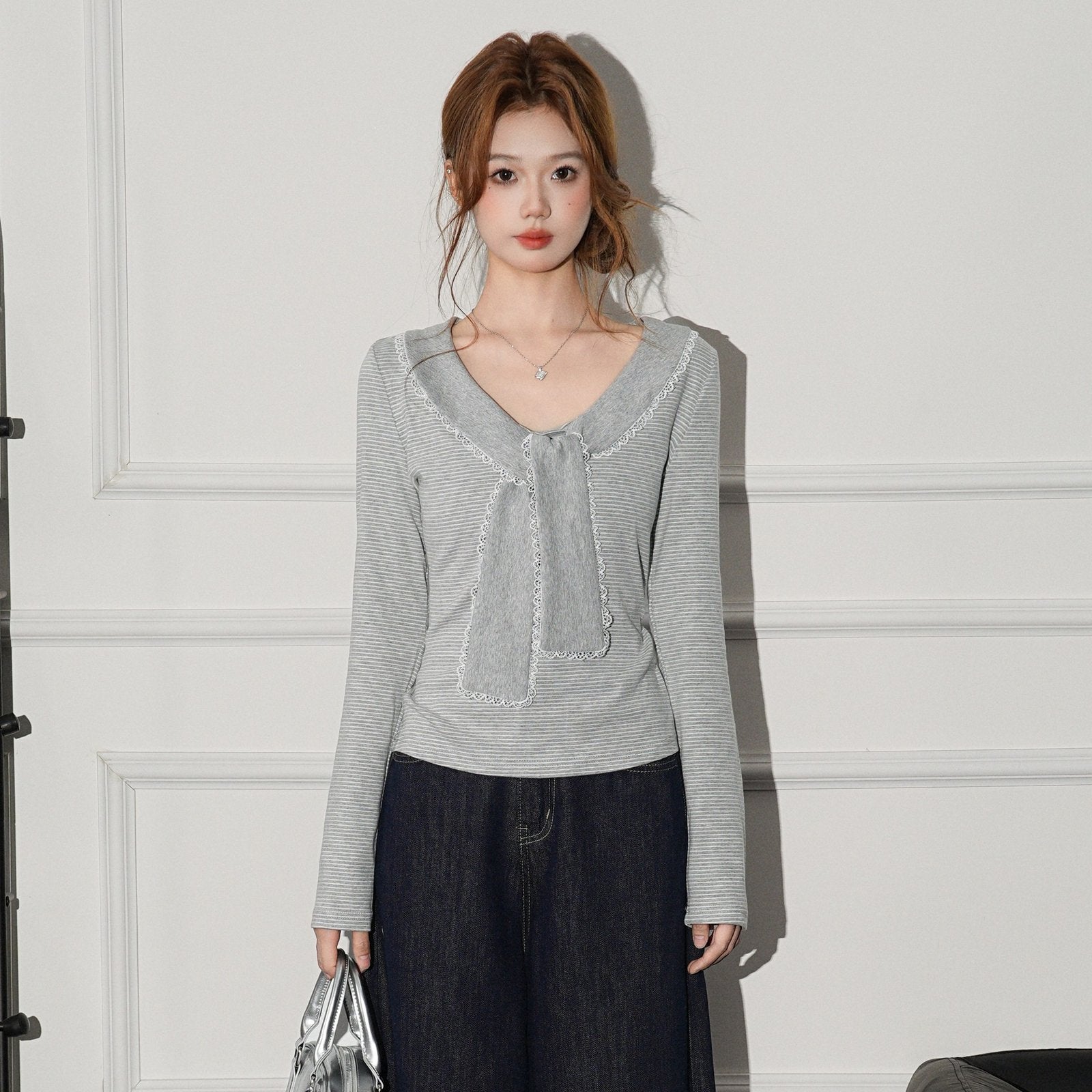 Chic Lace-Trim Striped Long Sleeve Women's Blouse