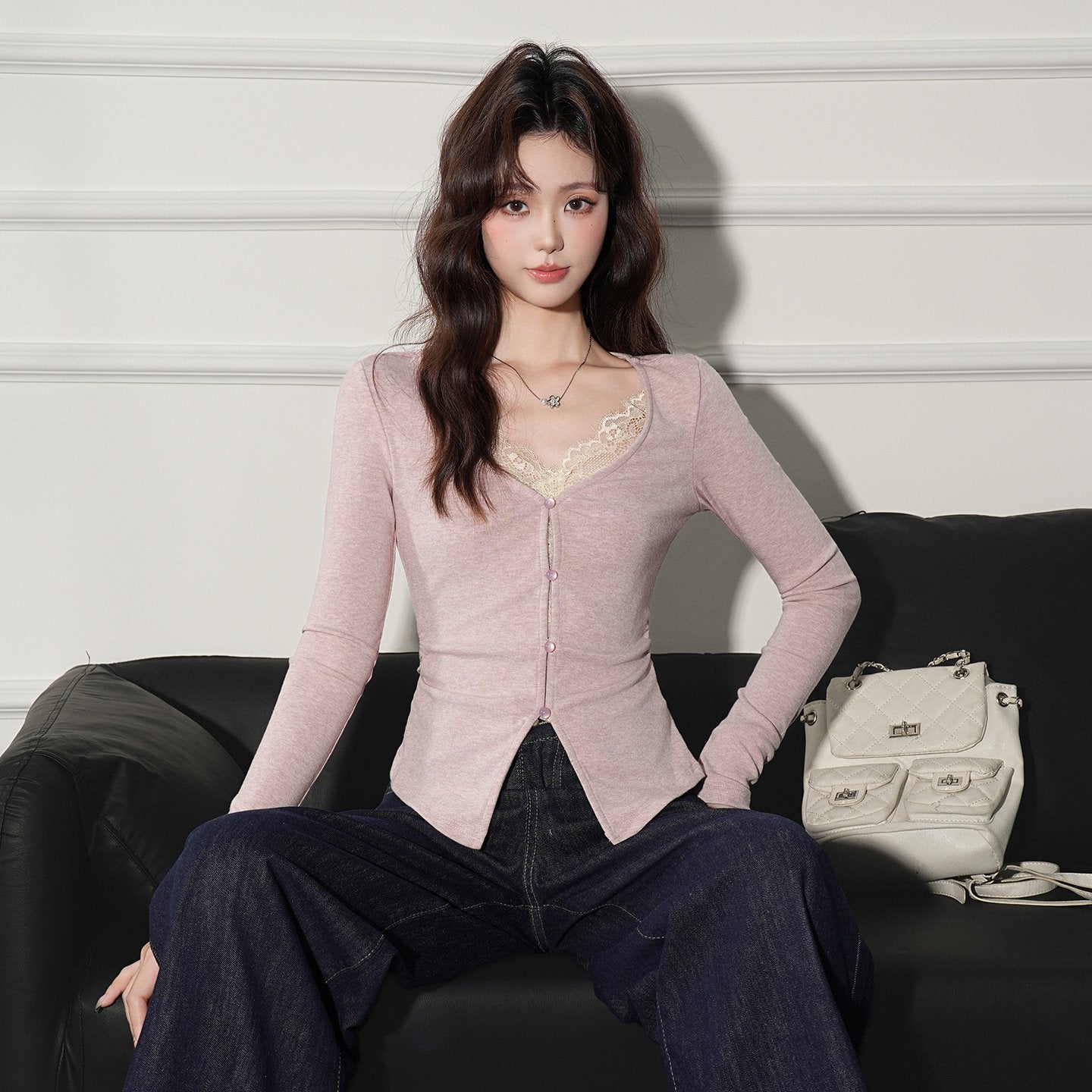 Chic V-Neck Fake Two-Piece Lace Long-Sleeve Top