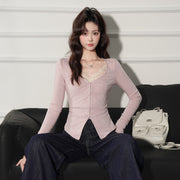 Chic V-Neck Fake Two-Piece Lace Long-Sleeve Top