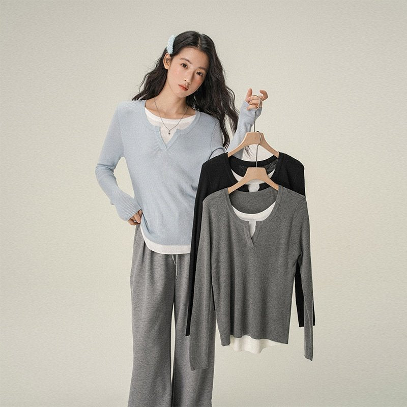Chic V-Neck Long-Sleeve Layered Women's Top