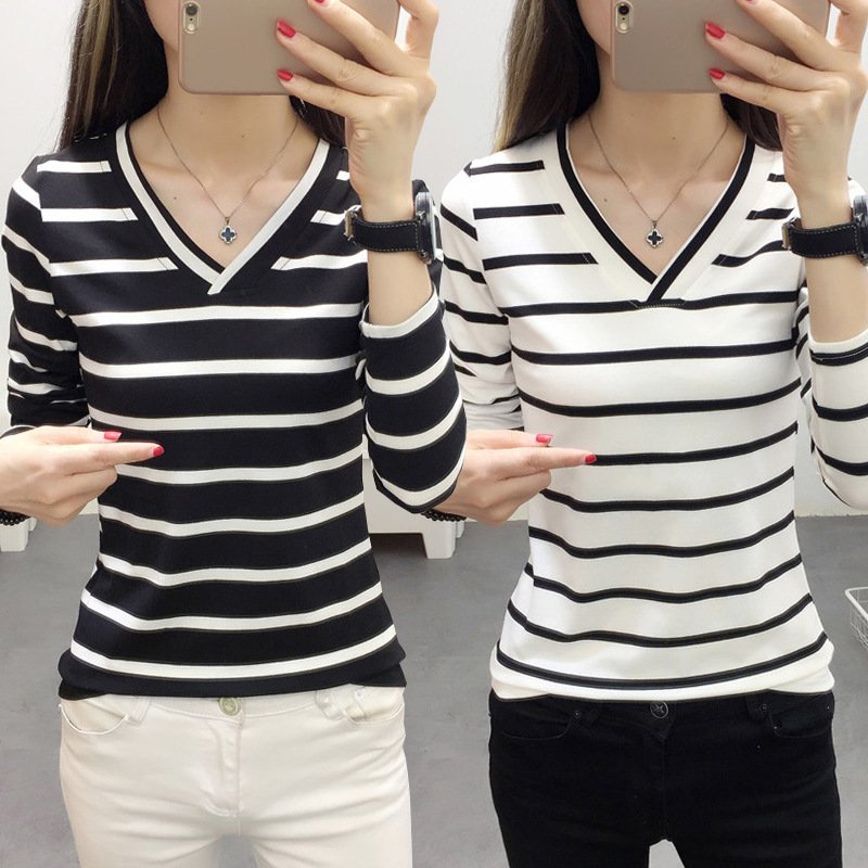 Chic Korean Striped V-Neck Long Sleeve Top