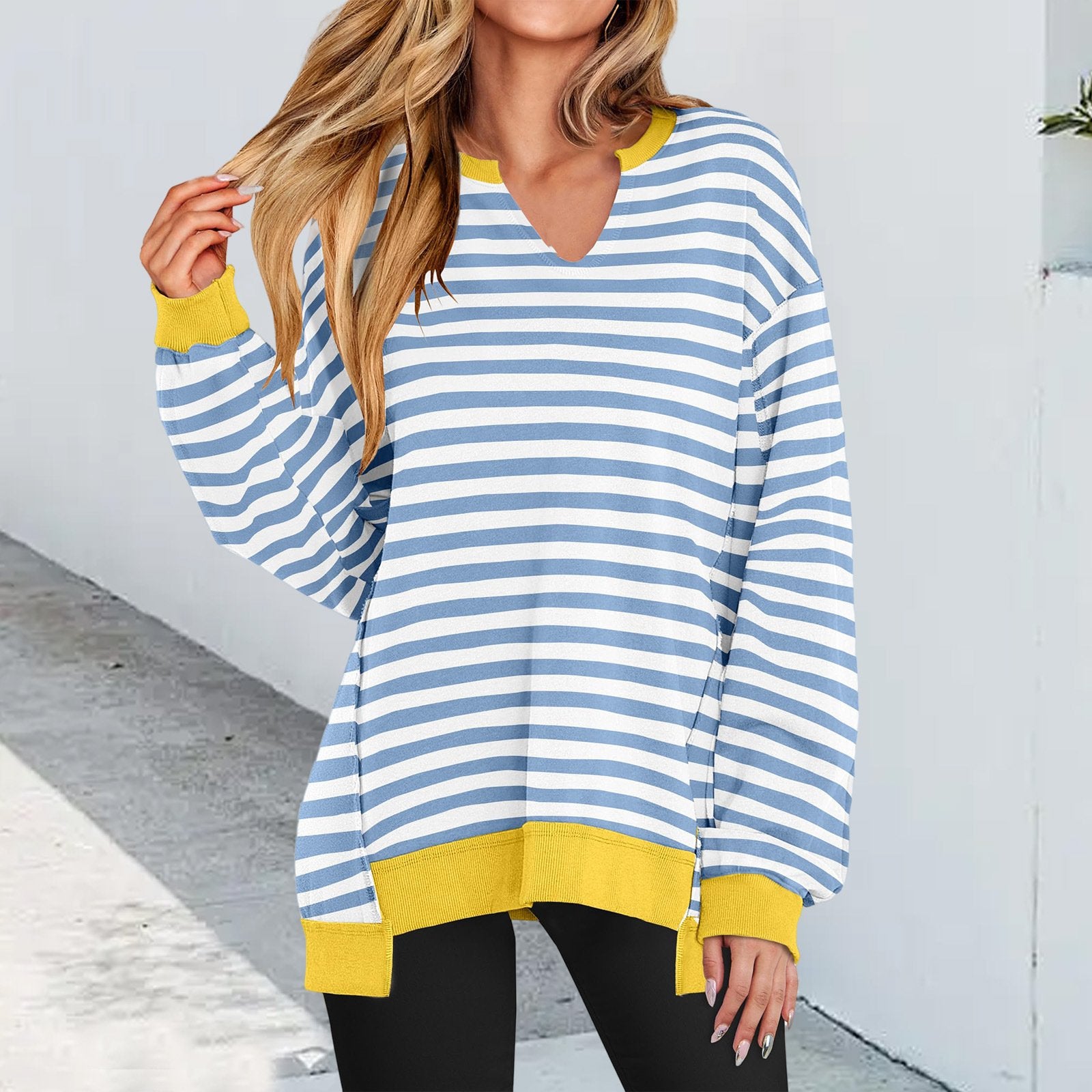 Women's Colorful Striped V-Neck Loose Sweatshirt