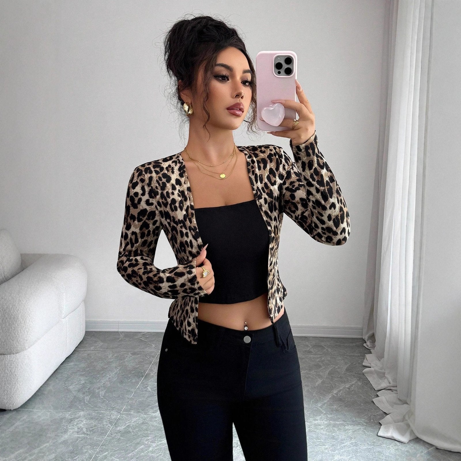 Chic Leopard Contrast Long-Sleeve Women's Blouse