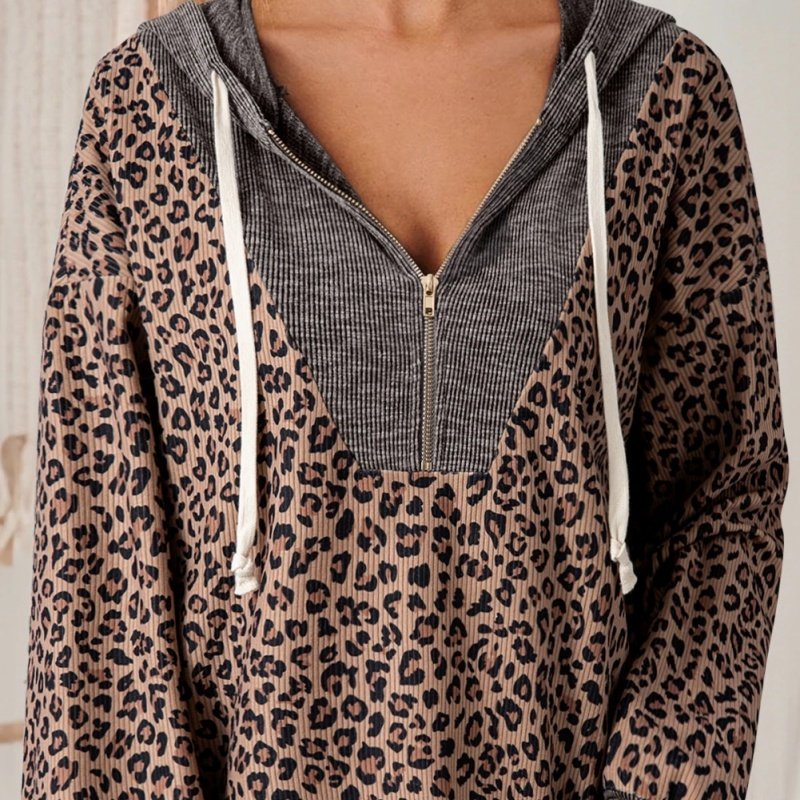 Khaki Leopard Contrast Ribbed Zip Hoodie