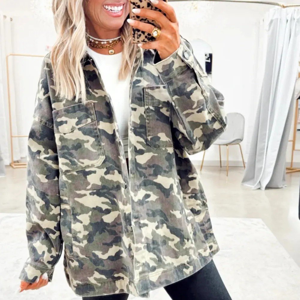 Green Camo Loose Pocket Denim Jacket