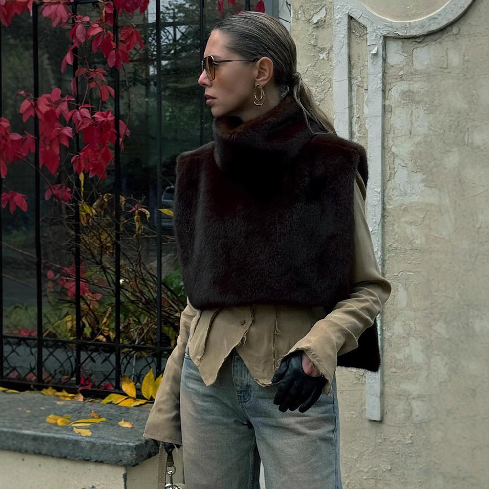 Brown Black Gray Women's Solid Color Half Turtleneck Vest