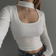 Black & White Hollow-Out Low-Cut Long-Sleeve Tee