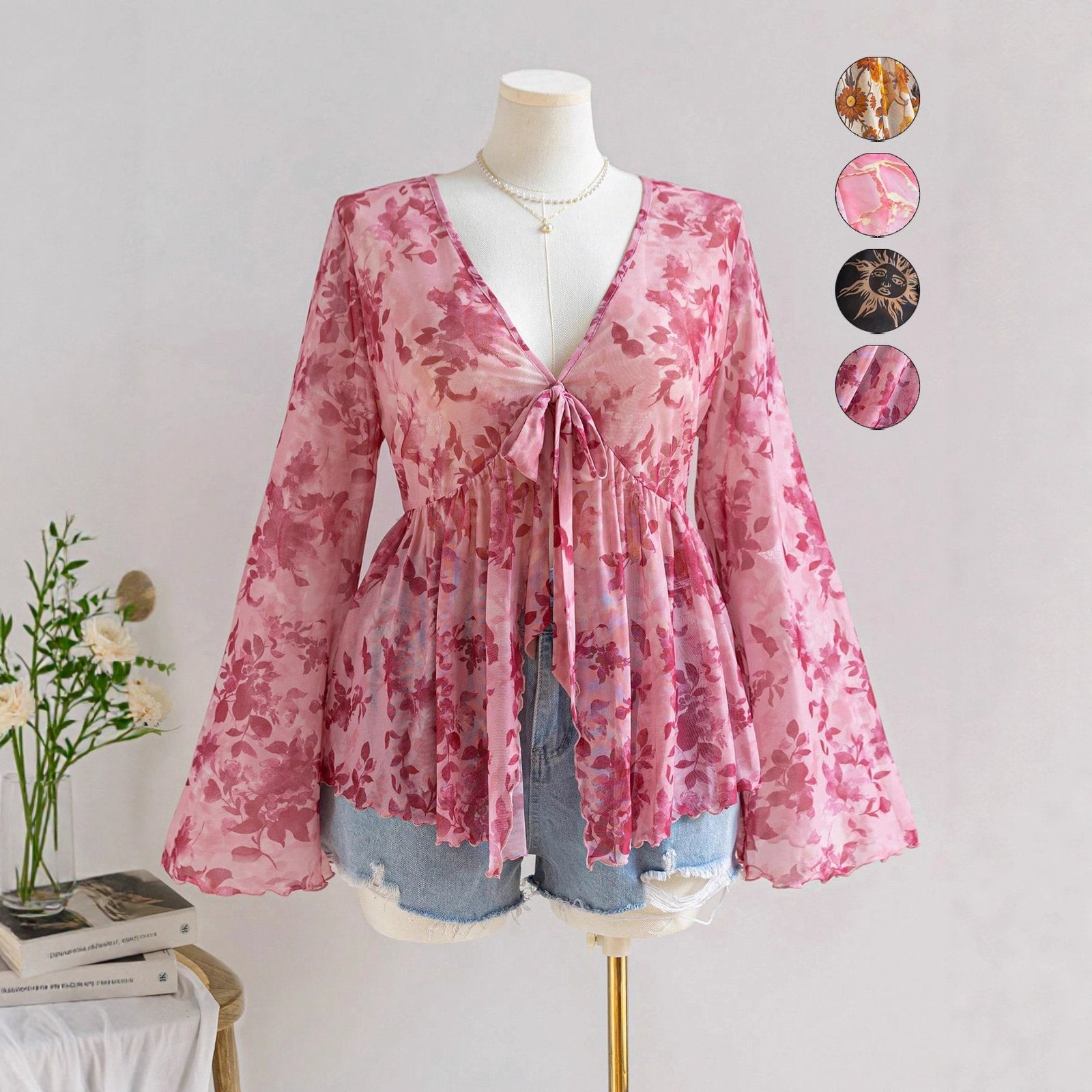 V-Neck Mesh Print Vacation Top for Women