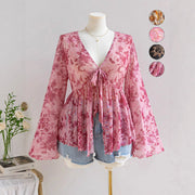 V-Neck Mesh Print Vacation Top for Women