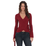 Sexy Deep V-Neck Cross-Front Lace Trim Long-Sleeve Top