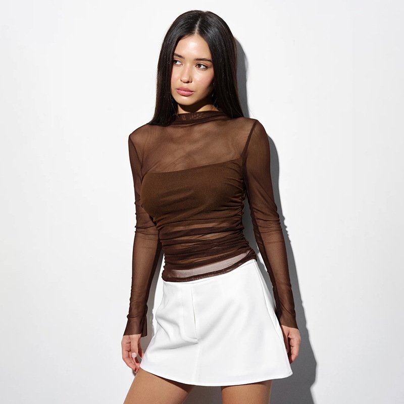 Sheer Mesh Bustier Spliced Long-Sleeve Top