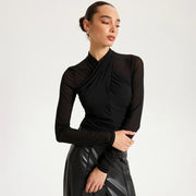 Sexy Mesh Spliced Long-Sleeve Slim Fit Top