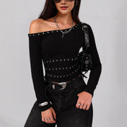 Elegant Metal Ribbon One-Shoulder Slim-Fit T-Shirt