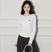 Floral Embroidered Pleated Long Sleeve Tee