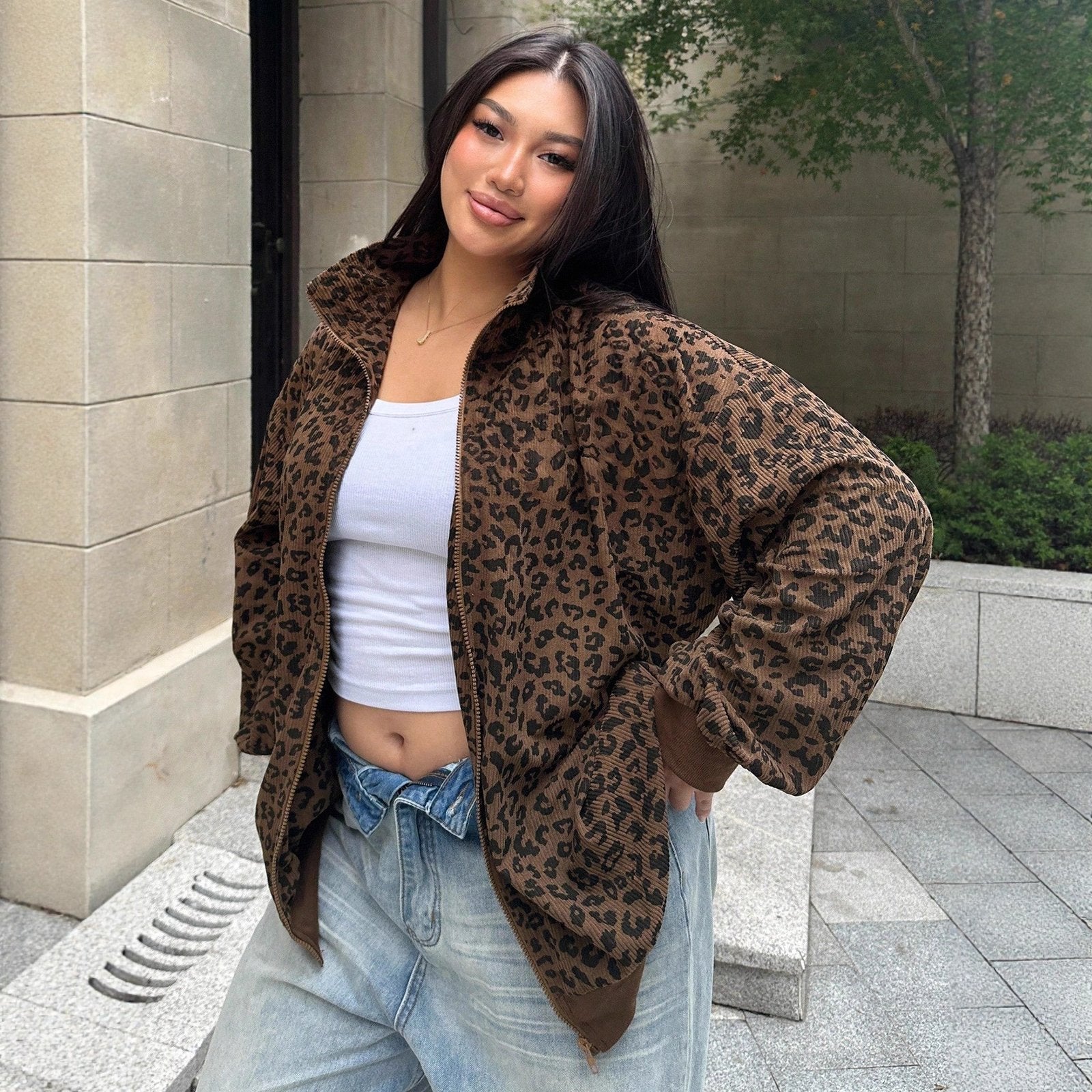 Leopard Print Corduroy Sweatshirt for Women - Zip-up, Long Sleeve
