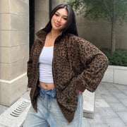Leopard Print Corduroy Sweatshirt for Women - Zip-up, Long Sleeve