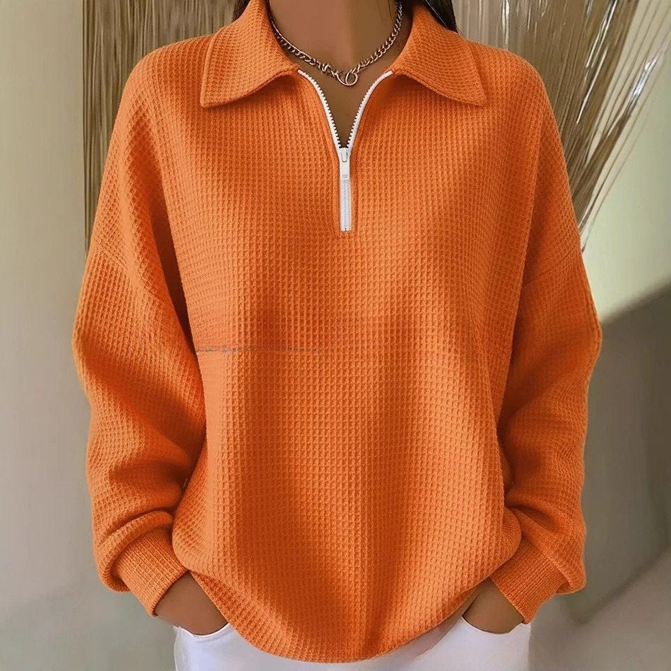 Half-Zip Waffle Knit Polo Sweatshirt for Women
