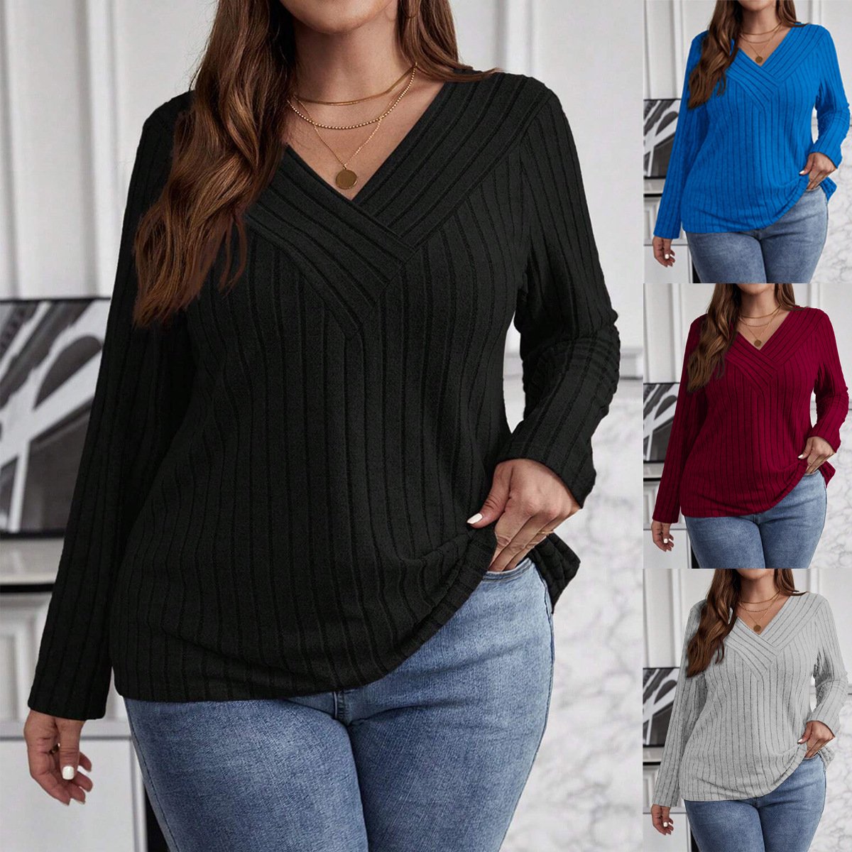 Plus-Size Ribbed V-Neck Long Sleeve Pullover Top