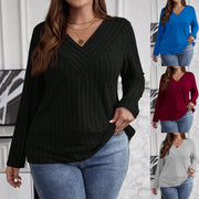 Plus-Size Ribbed V-Neck Long Sleeve Pullover Top