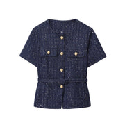 Navy Blue Women's Casual Vest with Belt Texture