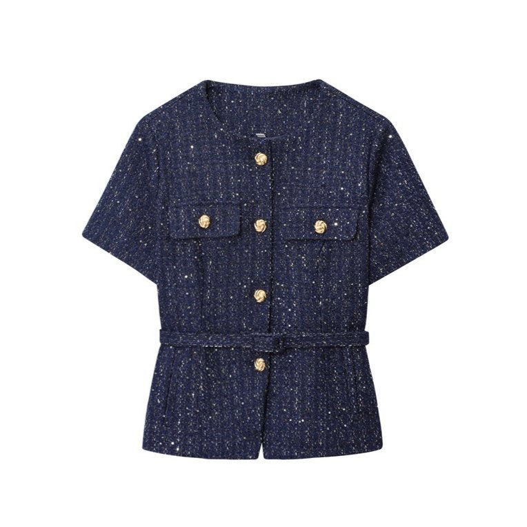 Navy Blue Women's Casual Vest with Belt Texture