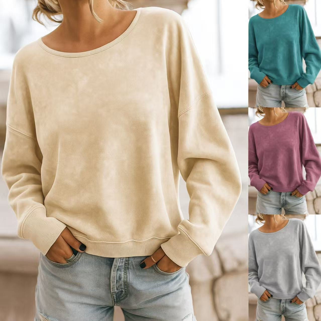 Cozy Long Sleeve Sweater Hoodie - Apricot, Gray, Green, Rouge